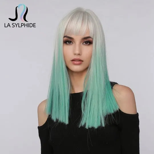 Ombre Color Hairstyle Synthetic Straight Hair Wig With Bangs 20 Inches