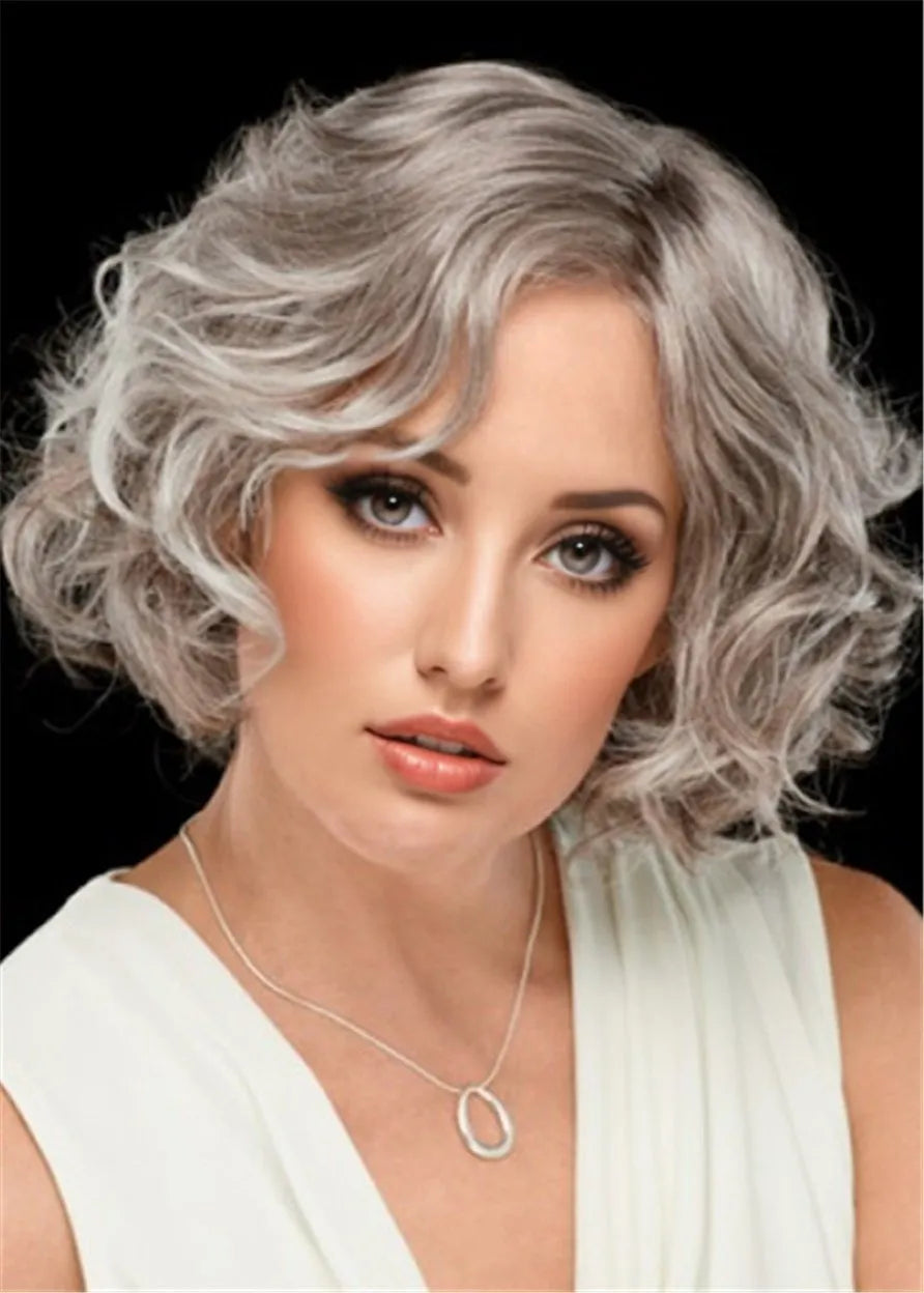 Medium Wavy Bob Style Grey Synthetic Hair Wig for Older Lady 12Inches