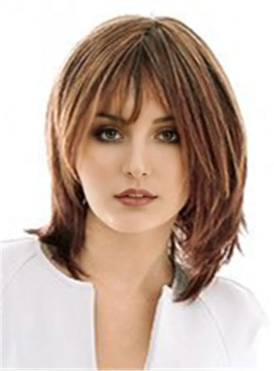 Medium Shaggy Lob Straight Human Hair With Bangs Women Wig 12 Inches