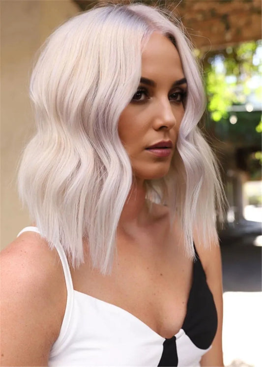 Long Balayage Bob Hairstyles White-Blonde &ash Wavy Human Hair Women Wig