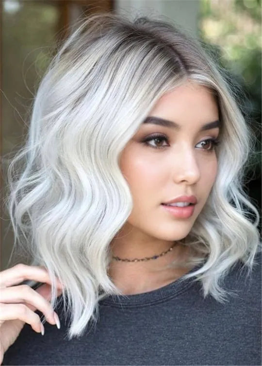 Medium Wavy Bob Haircut Synthetic Gray Hair Capless Women Wigs 14Inch