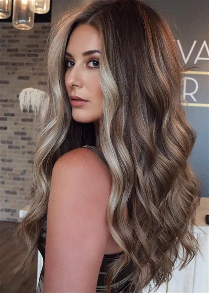 Balayage per acconciature lunghe, acconciature con riflessi, parrucche per capelli umani ondulati da 30 pollici