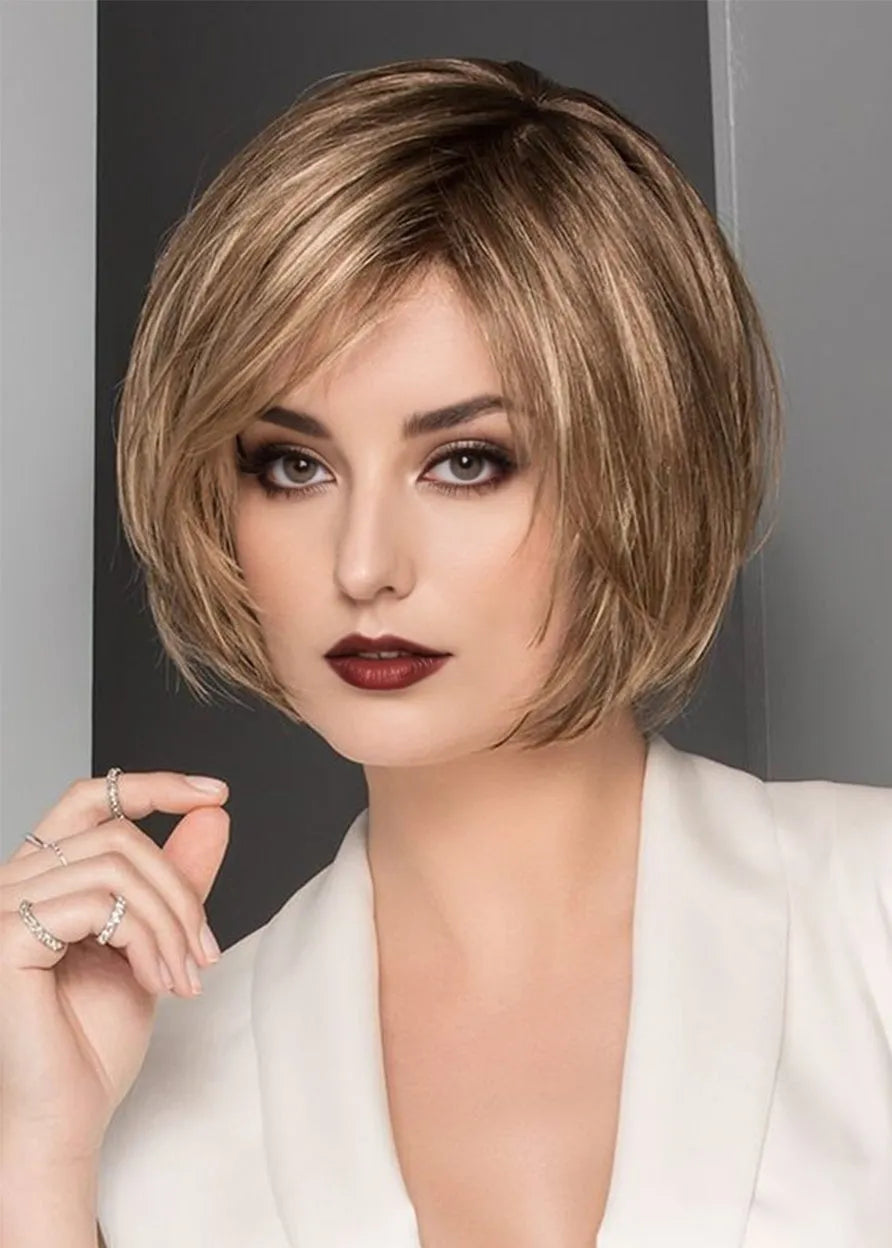 Short Bob Hairstyles Women's Layered Straight Human Hair Wigs Side Part Lace Front Wigs With Bangs 10Inch