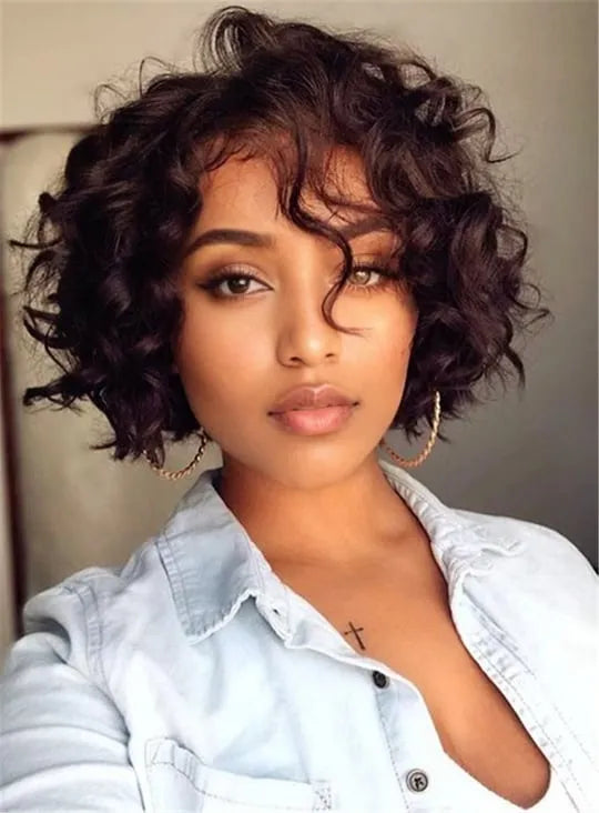 Bob Hairstyle Short Curly Synthetic Hair Capless African American Women Wigs 8 Inches