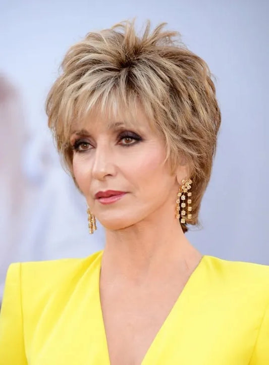 Cool Style Jane Fonda Short Straight Layered Synthetic Capless Wigs 8 Inches