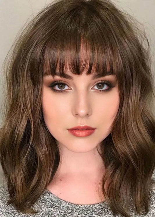 Cute Bangs Hairstyles Women's Middle Length Wavy Synthetic Hair Wigs Natural Looking Capless Wigs 18Inches