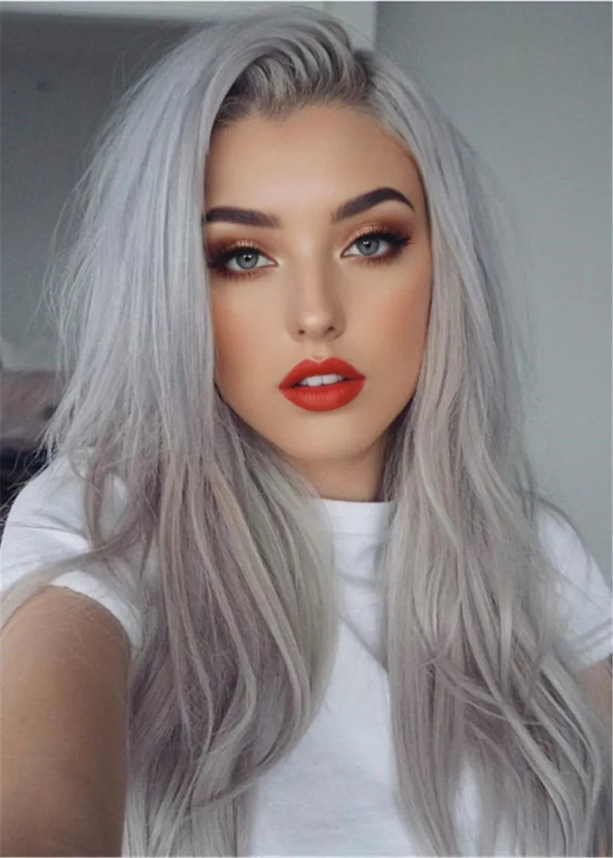 Long Natural Straight Hairstyles Gray Human Hair Capless Women Wig 18Inch