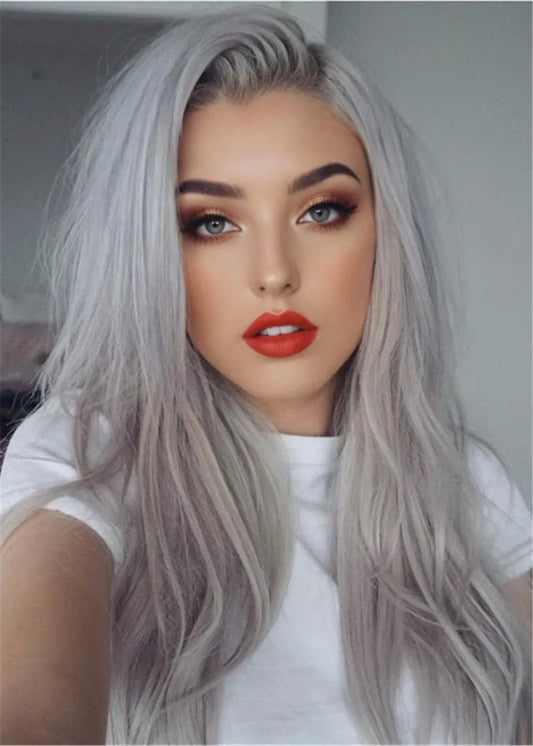 Long Natural Straight Hairstyles Gray Human Hair Capless Women Wig 18Inch