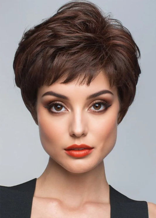 Short Bob Hairstyles Woomen's Short Layered Straight Human Hair Wigs Lace Front Cap Wigs With Bangs 8Inch