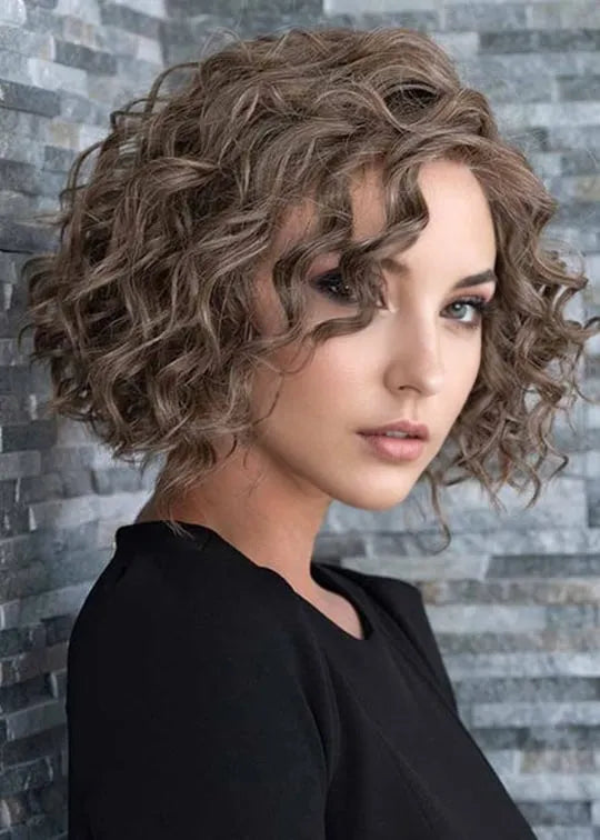 Kurze Bob-Frisuren für Damen, lockig, tiefe Locken, Kunsthaar, kappenlose Perücken, 16 Zoll