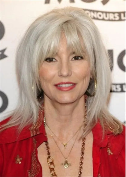 Shoulder Length Grey Hair Wig Straight Human Hair With Bangs 18 Inches