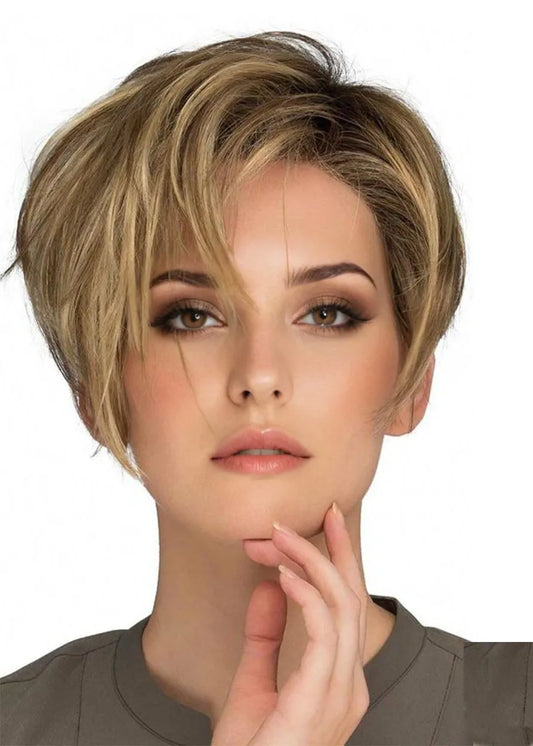 Fashion Women's Pixie Cut Side Part Bnags Hairstyles Synthetic Hair Wigs Natural Straight Capless Wigs 10Inch