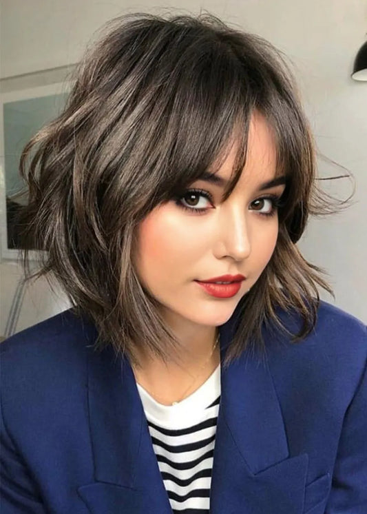 Short Layered Hairstyles Women's Wavy Synthetic Hair Capless Wigs With Bangs 12Inch