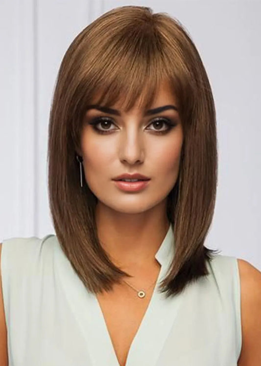 Women's Medium Hairstyles Straight Brown Synthetic Hair Wigs Capless Wigs 14Inches