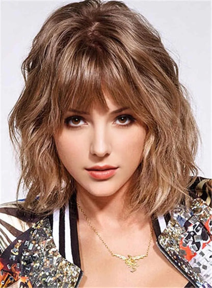 Medium Fashionable Wavy Popular Bob Synthetic Hair Capless Women Wig 12 Inches