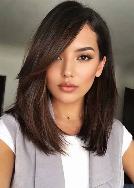 Women's Shoulder Length Bob Style Straight Synthetic Hair Capless Wigs With Bangs 14Inch