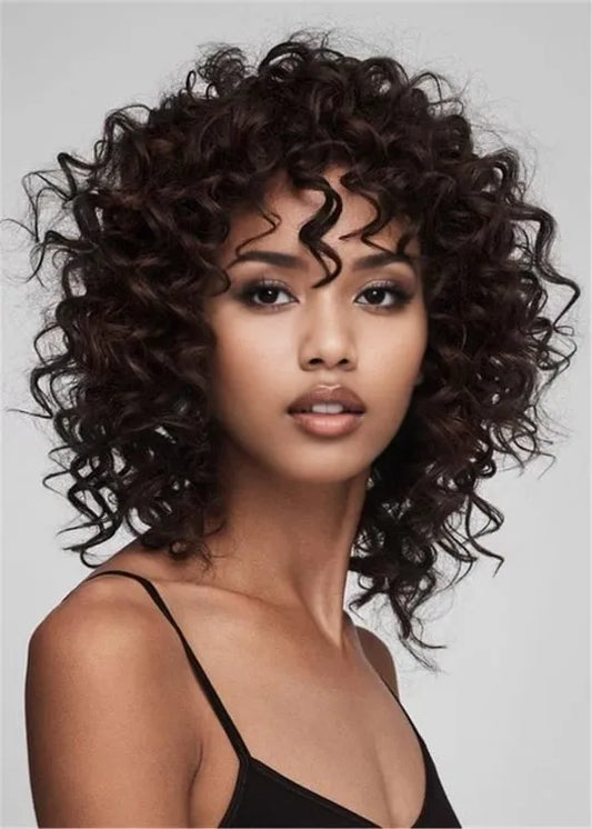 Women's Medium Curly Bob Style Kinky Curly Human Hair Wigs With Bangs 14Inch