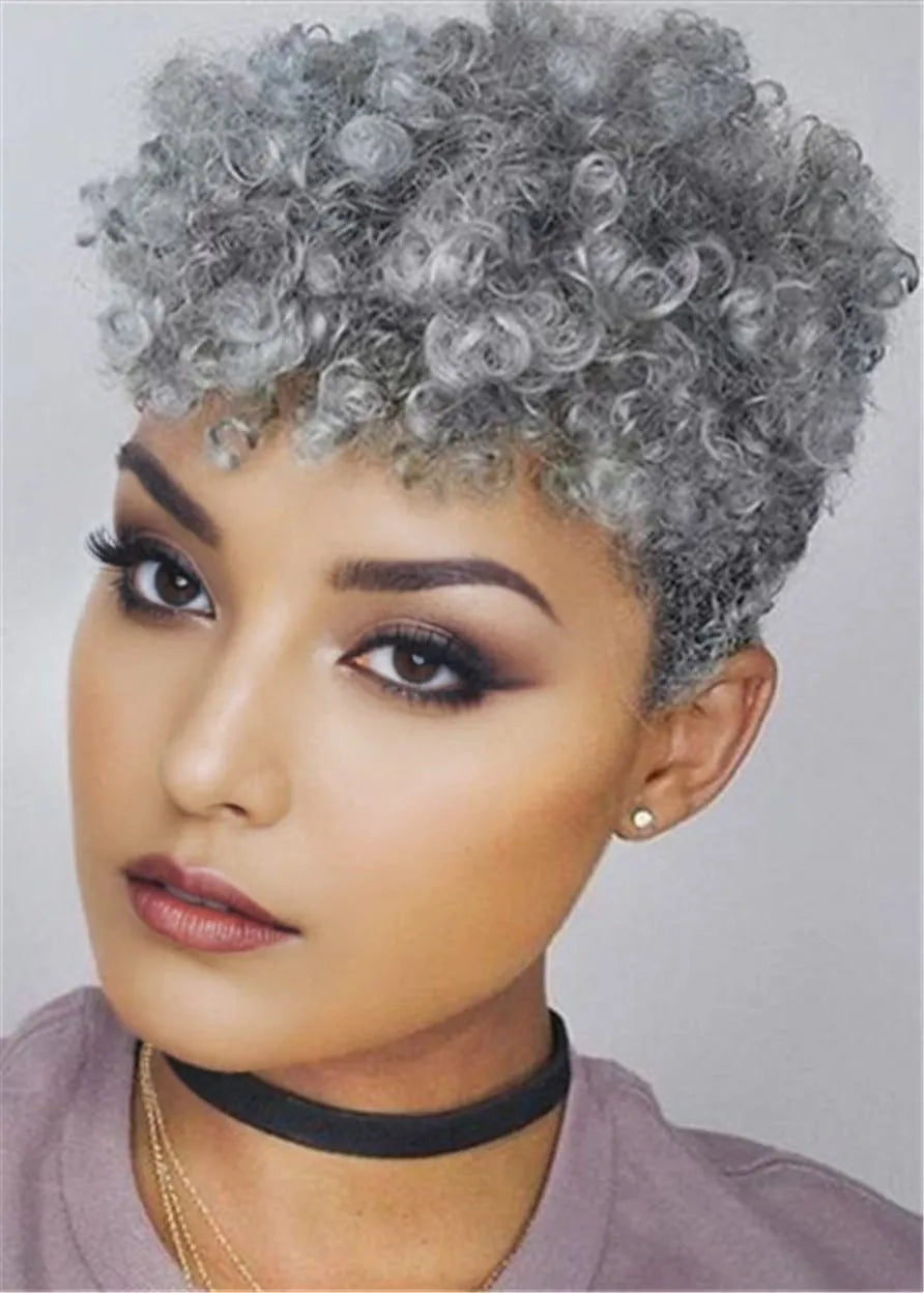 Gray Pixie Afro Kinky Curly Short Human Hair Capless Cap Wigs