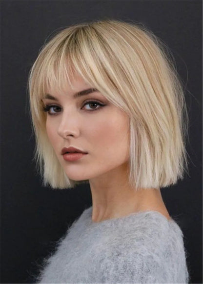 Short Bob Natural Straight Synthetic Hair With Bangs Capless Wigs 14Inches