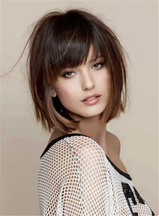 Short Straight Bob With Bangs Human Hair Capless Wig 8 Inches