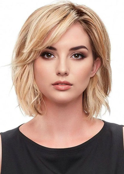 Women's Short Layered Hairstyles Side Part Blonde Natural Straight Human Hair Lace Front Wigs 12Inch