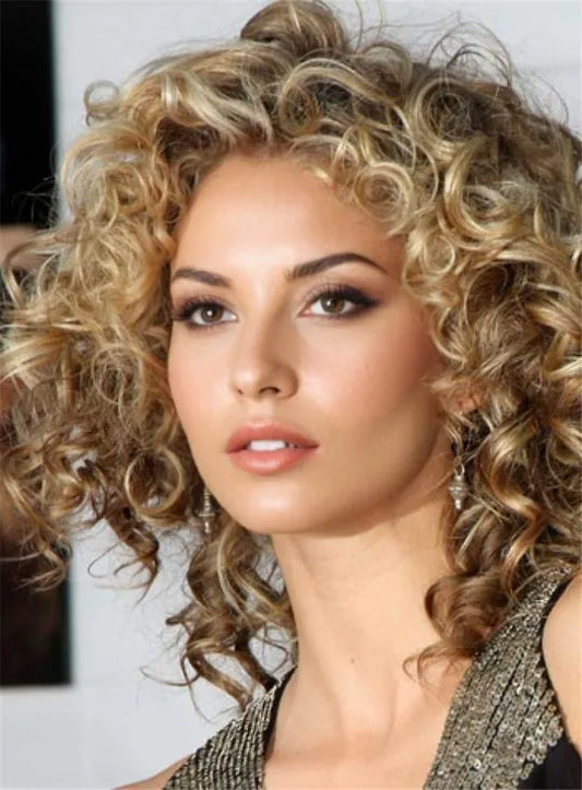 Shoulder Length Human Hair Deep Curly Capless Women Wigs 14 Inches