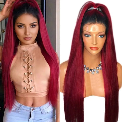 Black/Wine Red Ombre Long Straight Lace Front Synthetic Wig