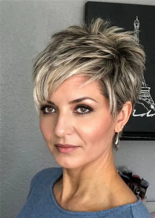 Women's Short Pixie Cut Hairstyle Stright Synthetic Hair Capless Wigs 6Inch