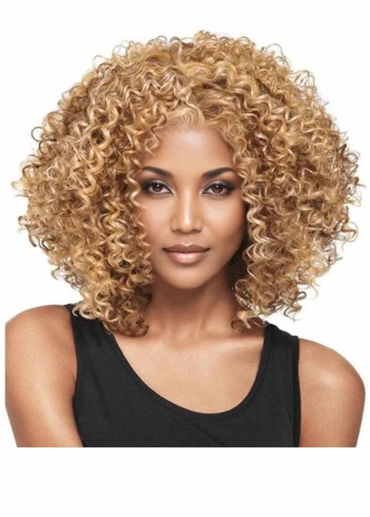 African American Women's Medium Bob Hairstyles Curly Synthetic Hair Capless Wigs 18Inch