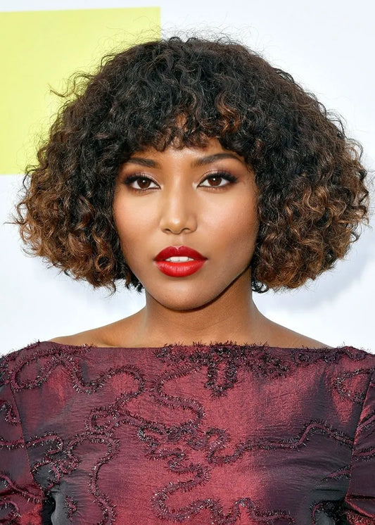 DeWanda Wise Curly Bob Hairstyles Women's Afro Curly Human Hair Wigs With Bangs Lace Front Cap Wigs 16Inch