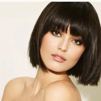 Short Straight Bob Wig 100% Human Hair With Full Bangs 10 Inches