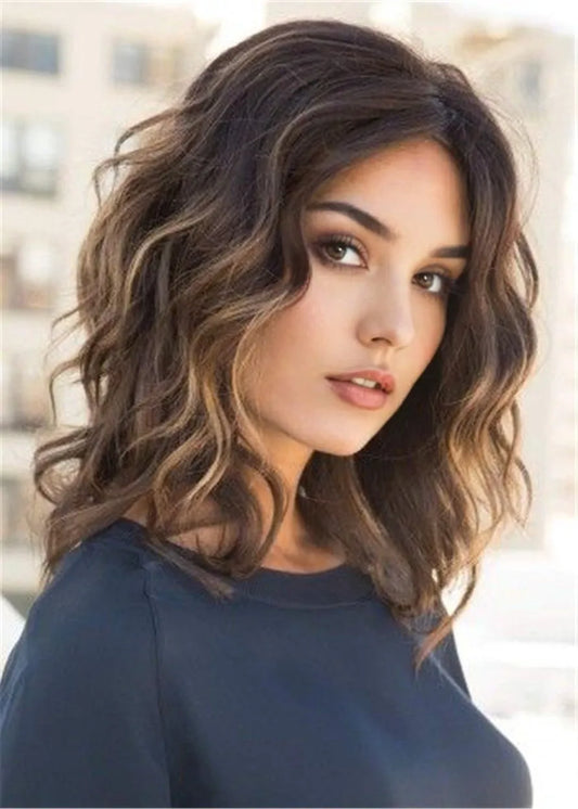 Balayage Hair Cut Medium Bob Wavy Synthetic Hair Women Wig