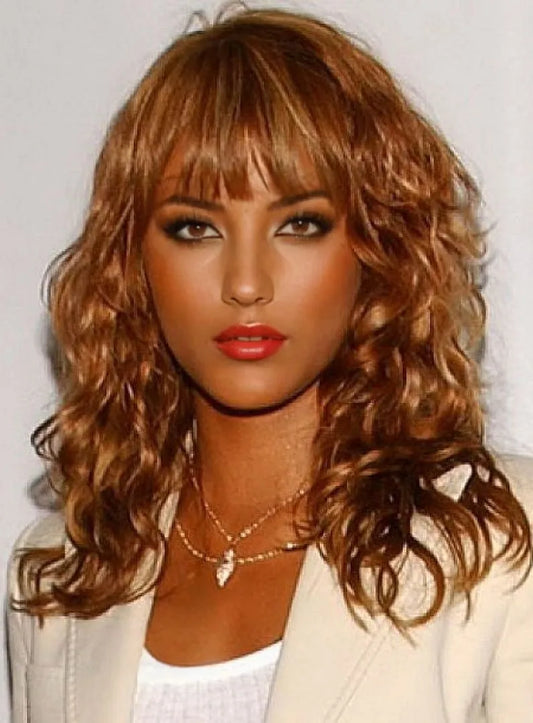 100% Human Hair Mid-length Curly Full Bang Capless Wigs 16 Inches