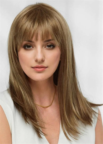 Long Natural Straight Human Hair With Softly Swept Bangs Women Wig 18 Inches