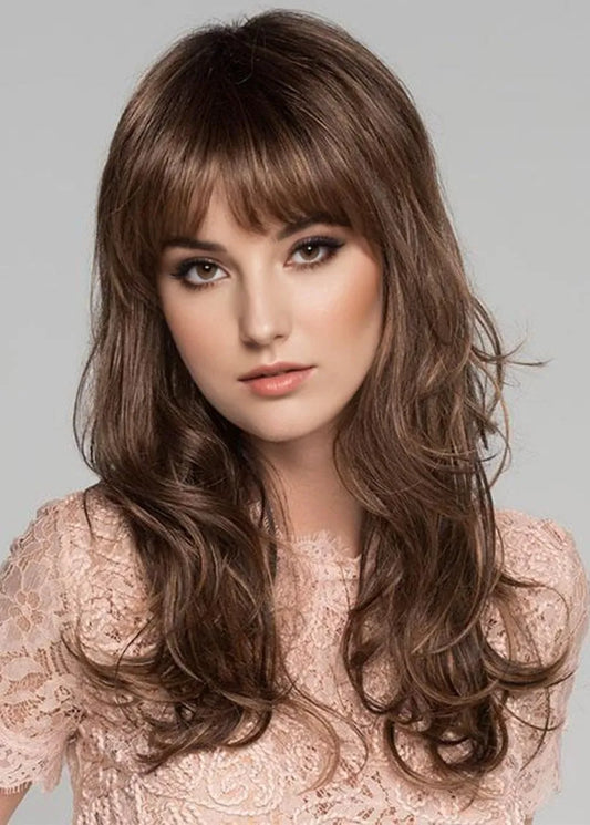 Women's Long Layered Wavy Human Hair Wigs With Bangs Capless Wigs 22Inch