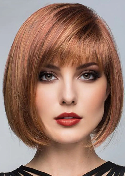 Short Bob Hairstyle With Bangs Women's Straight Synthetic Hair Capless Wigs 10Inch