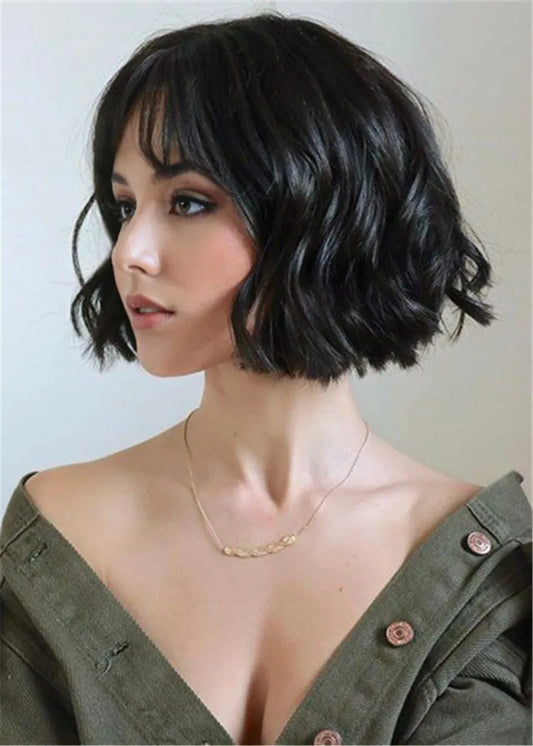 Shot Bob Wavy Synthetic Hair With Bangs Women Wig 12 Inches