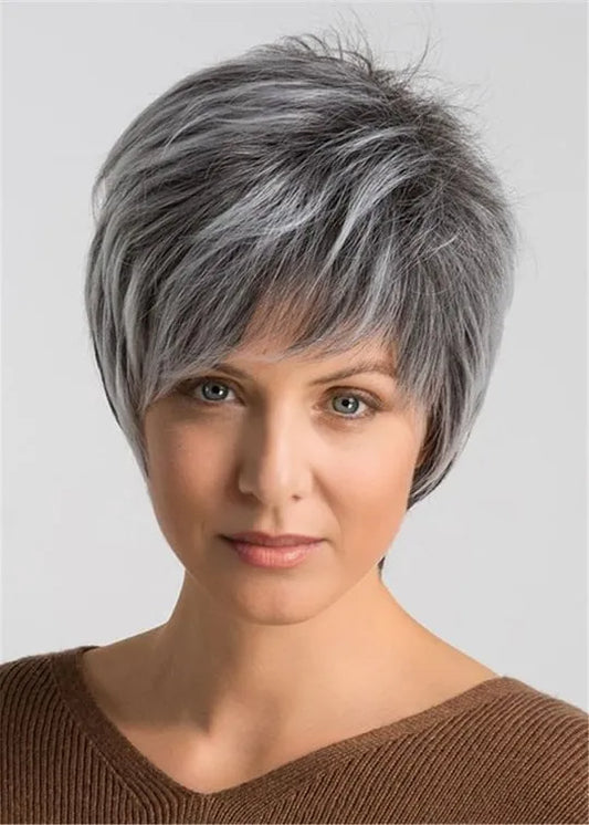 Grey Layered Short Hairstyle Human Straight Capless Women's Wigs 8 Inches