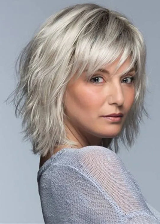 Short Layered Hairstyle Women's Blonde Natural Straight Synthetic Hair Capless Wigs With Bangs 12Inch