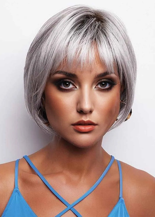 Women/Ladies Short Bob Hairstyles Straight Grey Synthetic Hair Capless Wigs With Bangs 8Inch