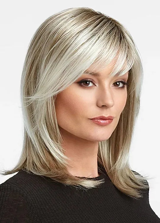 Medium Hairstyles Women's Blonde Color Straight Synthetic Hair Capless Wigs 16Inch