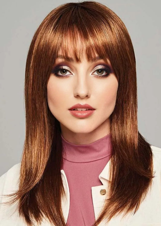 Medium Hairstyles Women's Natural Looking Straight Human Hair Capless Wigs With Bangs 20Inch