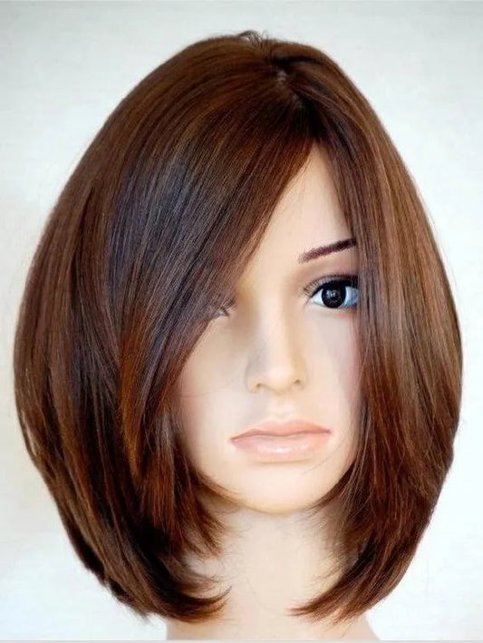 Soft Carefree Natural Medium Straight Bob Hairstyle 100% Human Hair Full Lace Wig 12 Inches