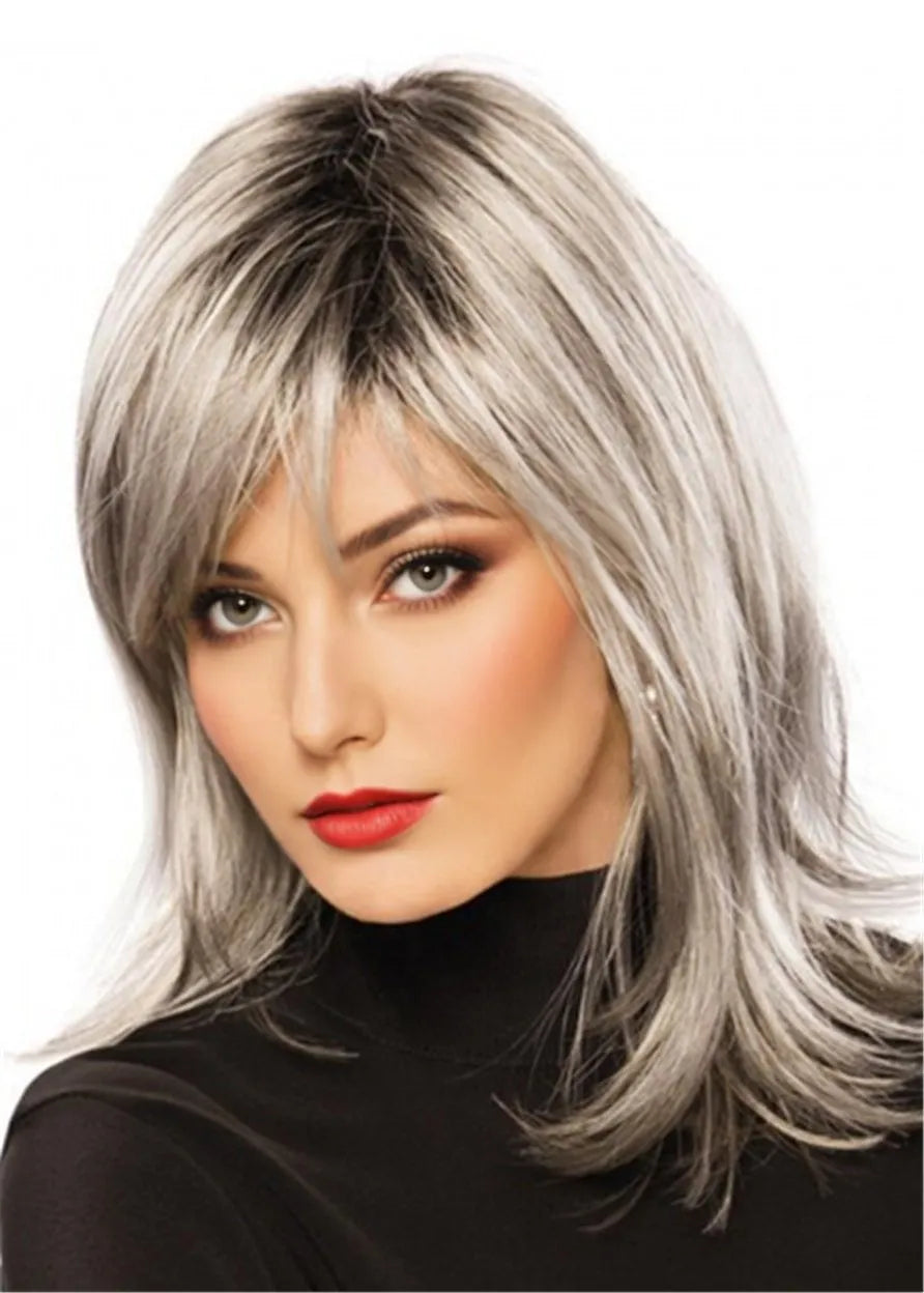 Long Grey Hairstyle Synthetic Straight Hair Wig for Older Lady 18Inches