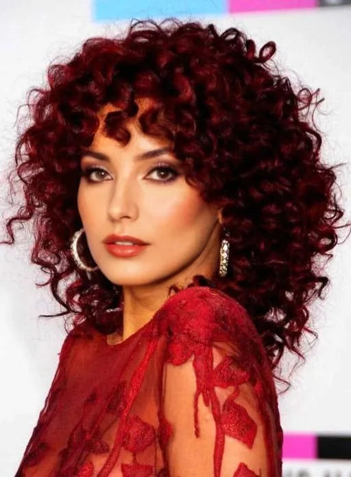 Fashion Rihanna Wine Red Medium Curly Synthetic Hair Wig 14 Inches