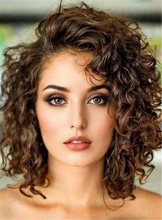 Side Swept Bangs Curly Mid-Length Human Hair Lace Front Wigs 12 Inches