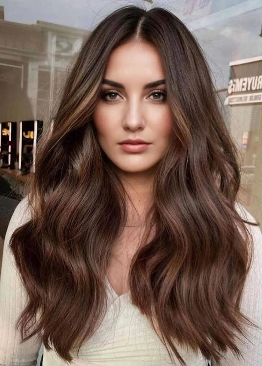 Fantastico stile da donna con Balayage, con lunghi capelli sintetici ondulati e senza cappuccio, parrucche da 26 pollici