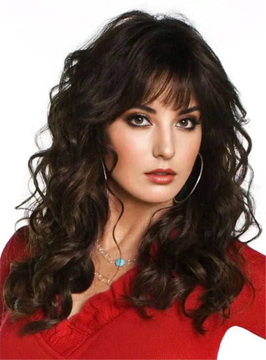 Marie Osmond Full Bang Human Hair Medium Length Wave Capless Wigs 26 Inches