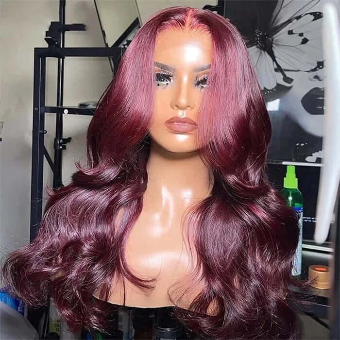 Charming Body Wave Burgundy Curtain Bangs Wigs