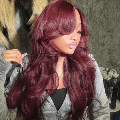 Charming Body Wave Burgundy Curtain Bangs Wigs